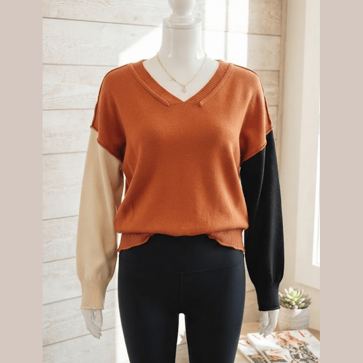 Edwina Desert Gold Colorblock Raw Edge Bubble Sleeve V Neck Sweater