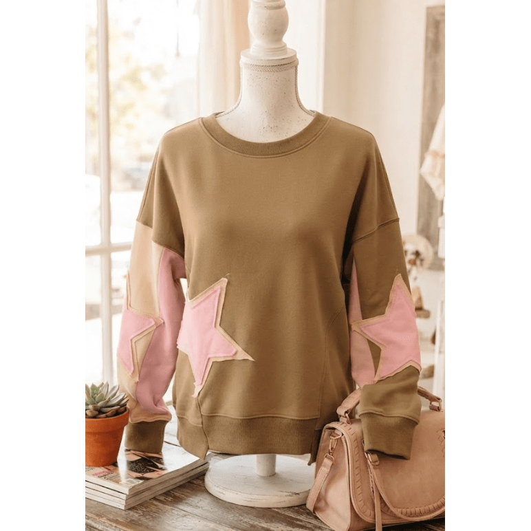 Blakelyn Khaki Contrast Star Patchwork Exposed Seam Uneven Hem Drop Shoulder Sweatshirt