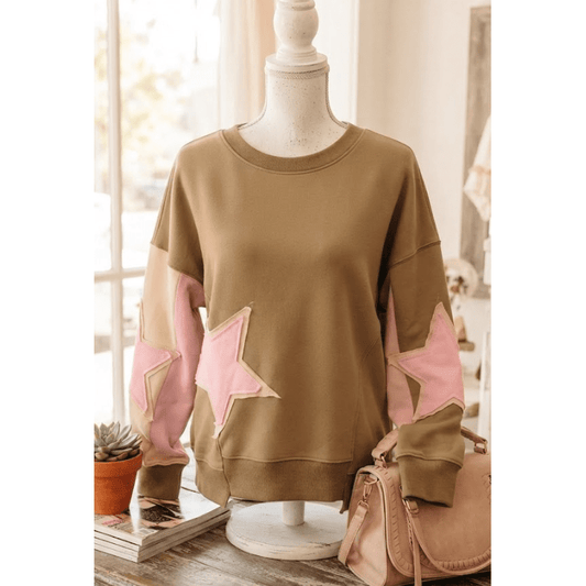Blakelyn Khaki Contrast Star Patchwork Exposed Seam Uneven Hem Drop Shoulder Sweatshirt