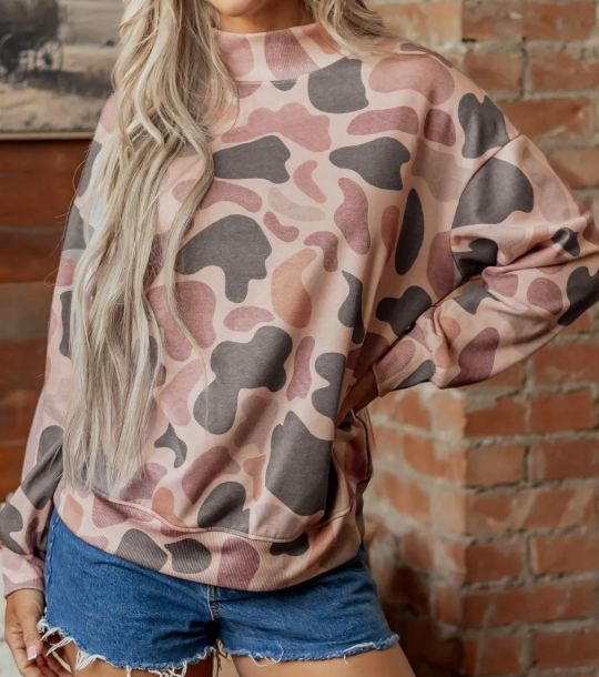 Adara Brown Camouflage Western Style Pullover Sweatshirt