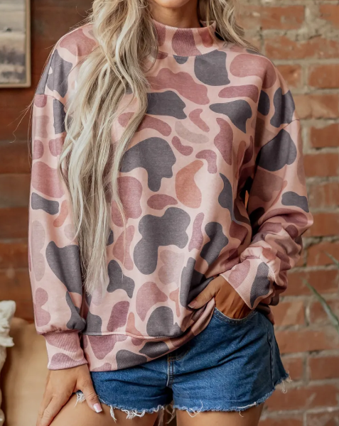 Adara Brown Camouflage Western Style Pullover Sweatshirt