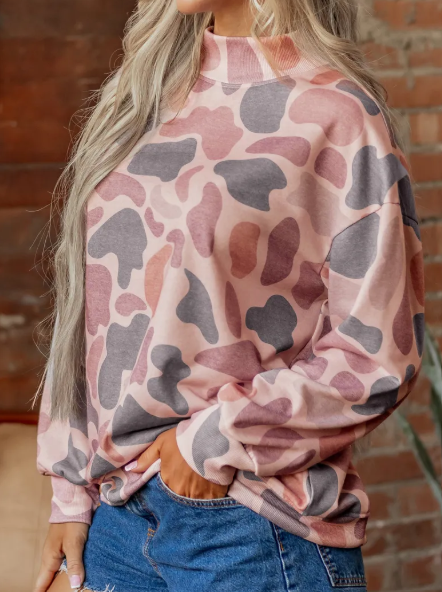 Adara Brown Camouflage Western Style Pullover Sweatshirt
