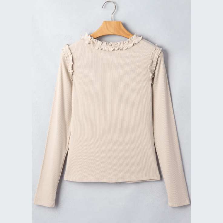Prudence Beige Round Neck Frill Detail Long Sleeve Top