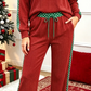 Kenlie Red Ribbed Patchwork Polka Dot Trim Long Sleeve 2pcs Pant Set