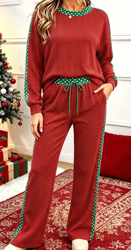 Kenlie Red Ribbed Patchwork Polka Dot Trim Long Sleeve 2pcs Pant Set
