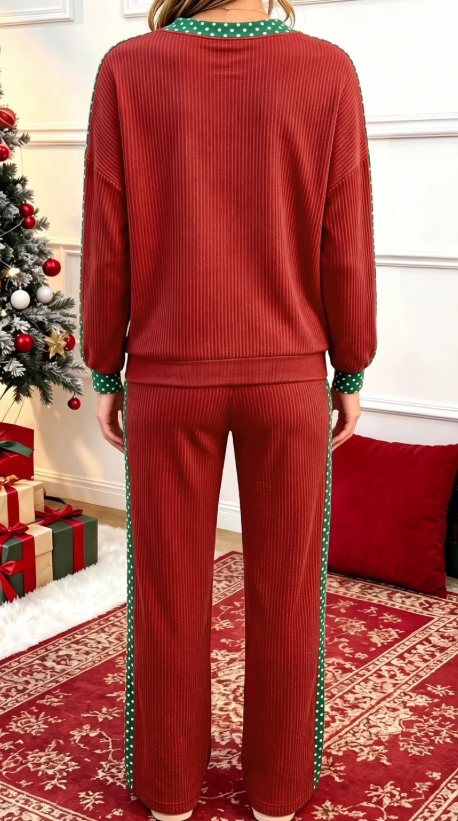 Kenlie Red Ribbed Patchwork Polka Dot Trim Long Sleeve 2pcs Pant Set