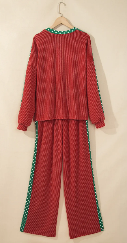 Kenlie Red Ribbed Patchwork Polka Dot Trim Long Sleeve 2pcs Pant Set