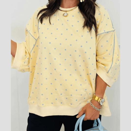 Suza Yellow Polka Dot Print Piping Trim 3/4 Sleeve Relaxed Top