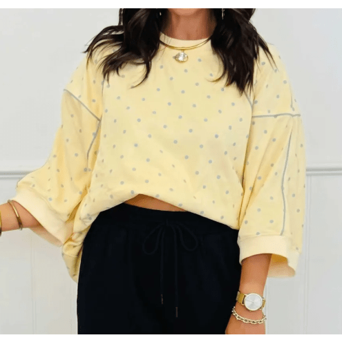 Suza Yellow Polka Dot Print Piping Trim 3/4 Sleeve Relaxed Top