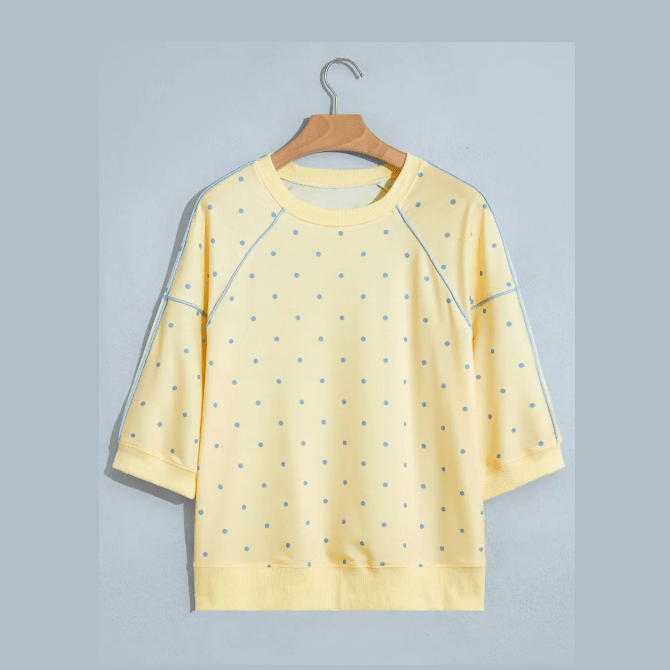 Suza Yellow Polka Dot Print Piping Trim 3/4 Sleeve Relaxed Top