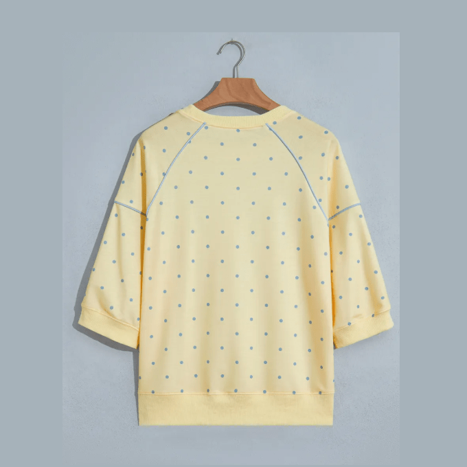 Suza Yellow Polka Dot Print Piping Trim 3/4 Sleeve Relaxed Top