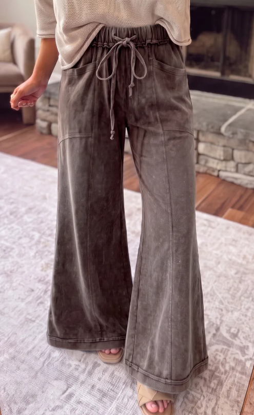 Velma Brown Mineral Wash Seam Detail Flare Leg Drawstring Pants
