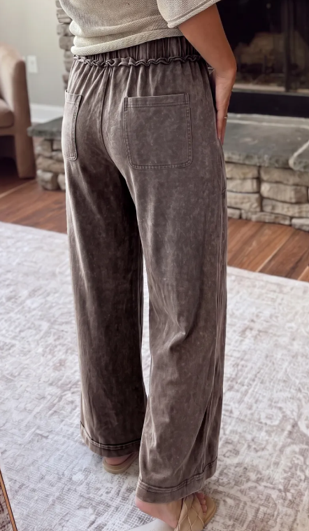 Velma Brown Mineral Wash Seam Detail Flare Leg Drawstring Pants
