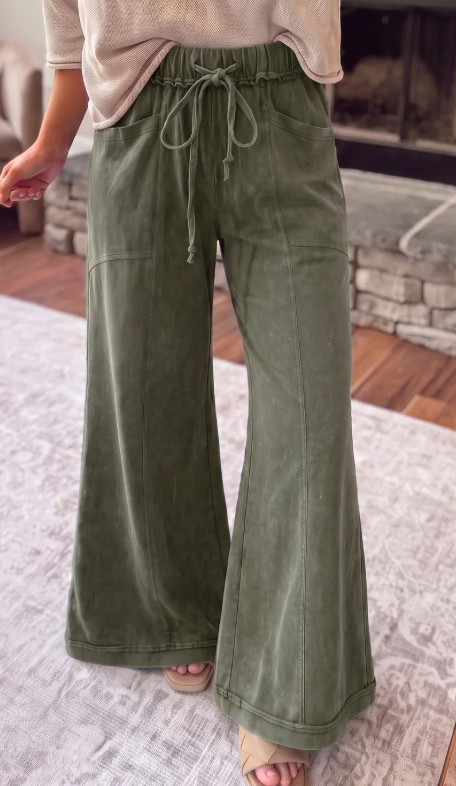 Velma Green Mineral Wash Seam Detail Flare Leg Drawstring Pants