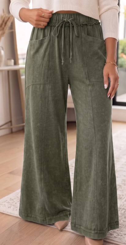 Velma Green Mineral Wash Seam Detail Flare Leg Drawstring Pants