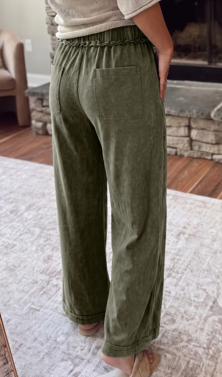 Velma Green Mineral Wash Seam Detail Flare Leg Drawstring Pants