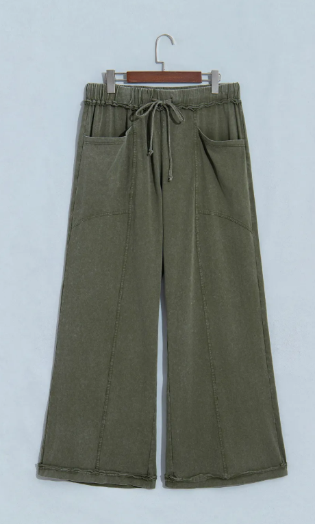 Velma Green Mineral Wash Seam Detail Flare Leg Drawstring Pants
