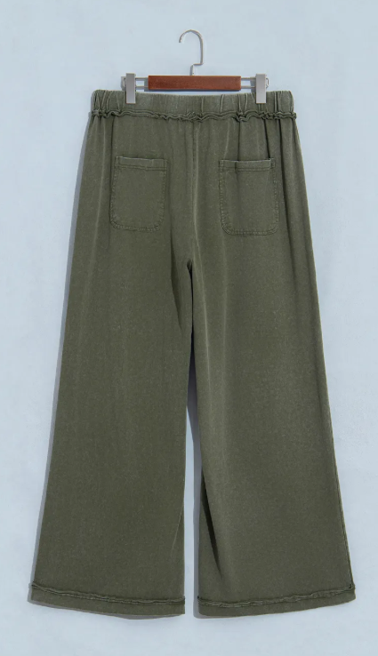 Velma Green Mineral Wash Seam Detail Flare Leg Drawstring Pants