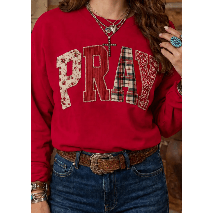 Red Floral Buffalo Plaid Striped Embroidered Patch Western Pullover Sweatshirt