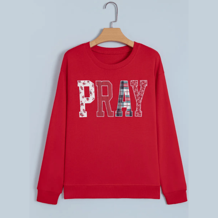 Red Floral Buffalo Plaid Striped Embroidered Patch Western Pullover Sweatshirt