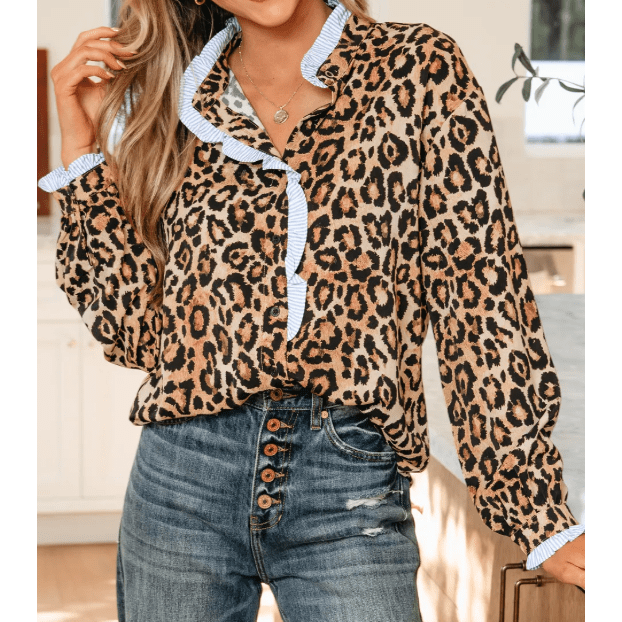 Dior Brown Wild Leopard Print Contrast Striped Frilled Trim Chic Shirt