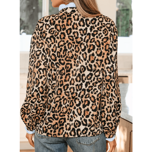 Dior Brown Wild Leopard Print Contrast Striped Frilled Trim Chic Shirt