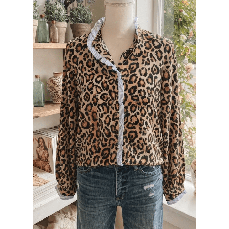Dior Brown Wild Leopard Print Contrast Striped Frilled Trim Chic Shirt
