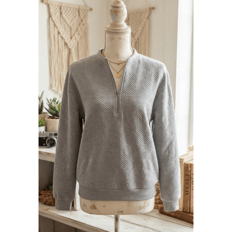 Ebba Grey Trendy Textured Half Zip Loose Sweatshirt