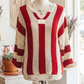 Korban Red Stripe Colorblock V Neck Bracelet Sleeve Sweater