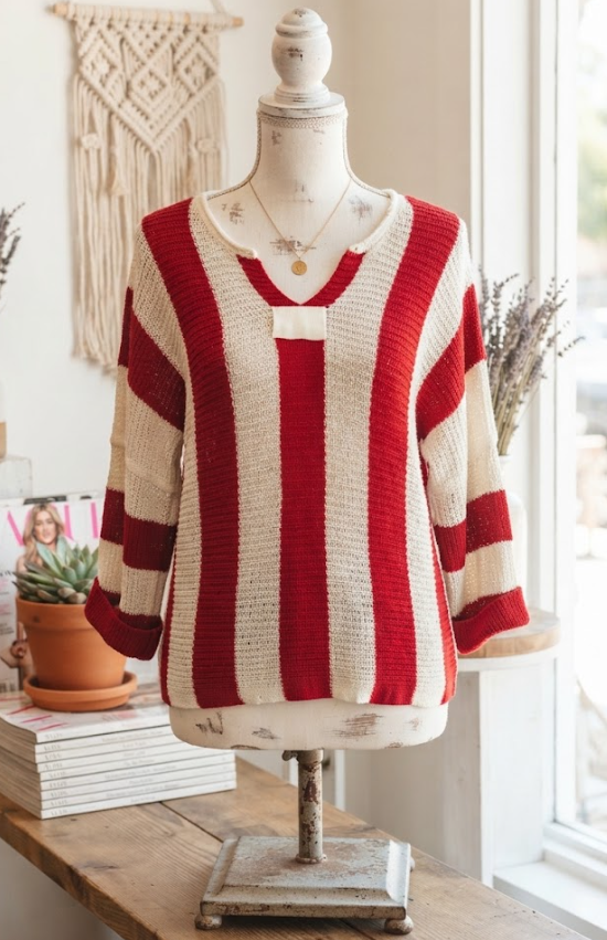 Korban Red Stripe Colorblock V Neck Bracelet Sleeve Sweater