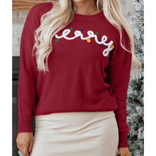 Red Merry Colorful Dot Detail Christmas Drop Shoulder Sweater