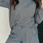 Lola Blue Stripe Textured Knit Long Sleeve Top Elastic Waist Shorts Casual Outfit