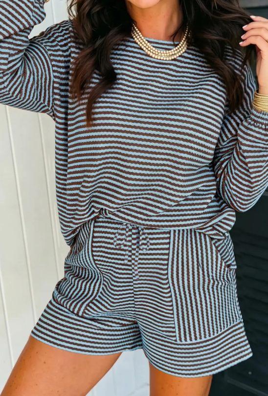 Lola Blue Stripe Textured Knit Long Sleeve Top Elastic Waist Shorts Casual Outfit