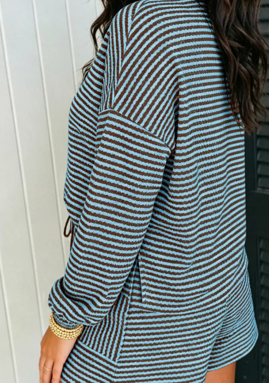 Lola Blue Stripe Textured Knit Long Sleeve Top Elastic Waist Shorts Casual Outfit