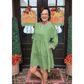 Kesha Jungle Green Contrast Stitched V Neck 3/4 Sleeve Tiered Mini Dress