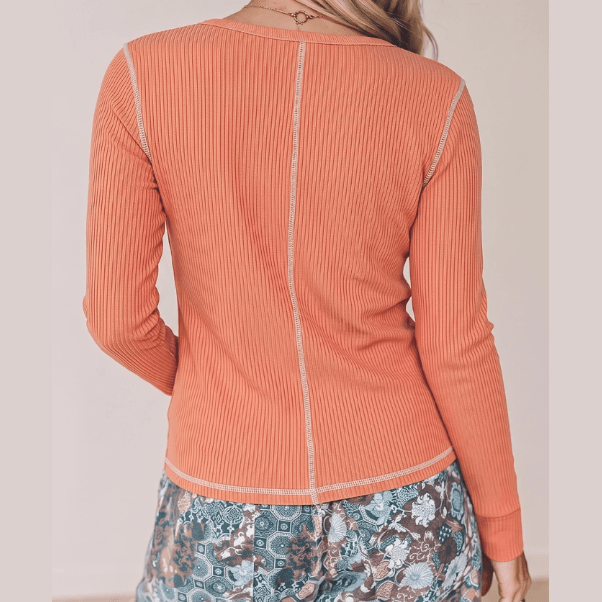 Hayley Orange V Neck Ribbed Stitched Detail Long Sleeve Top