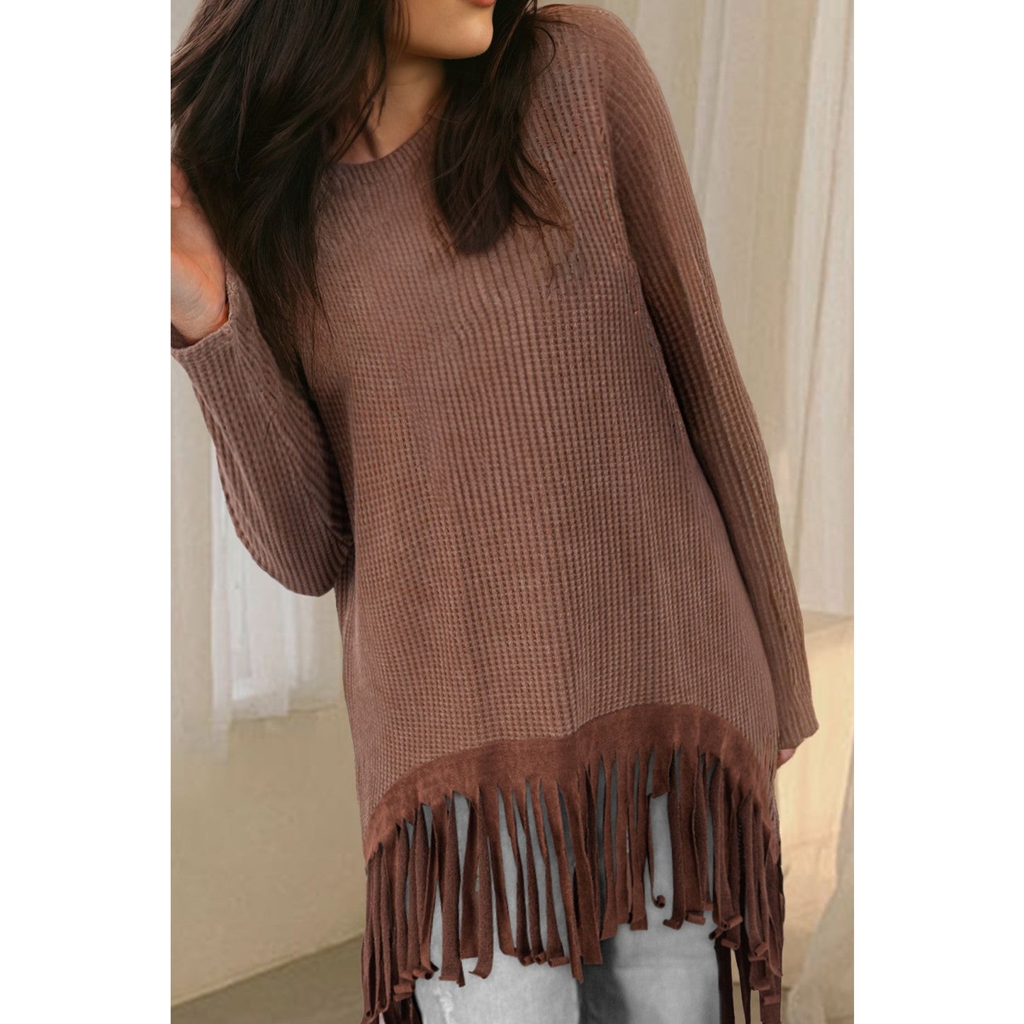 Tamara Waffle Knit Fringed High Low Loose Top