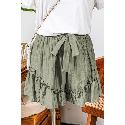 Andrea Laurel Green Textured Tie Waist Ruffle Hem Shorts
