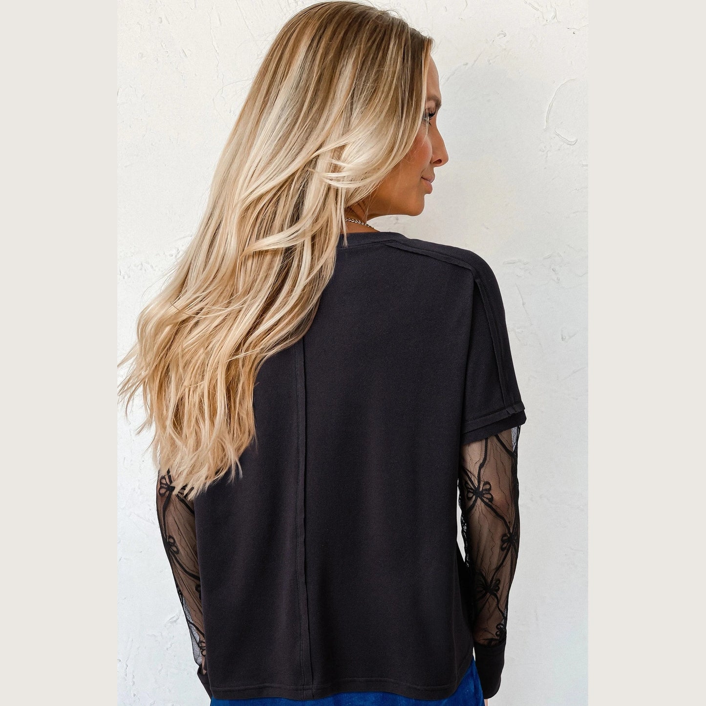 Alyse Black Bow Textured Patchwork Long Sleeve Tee