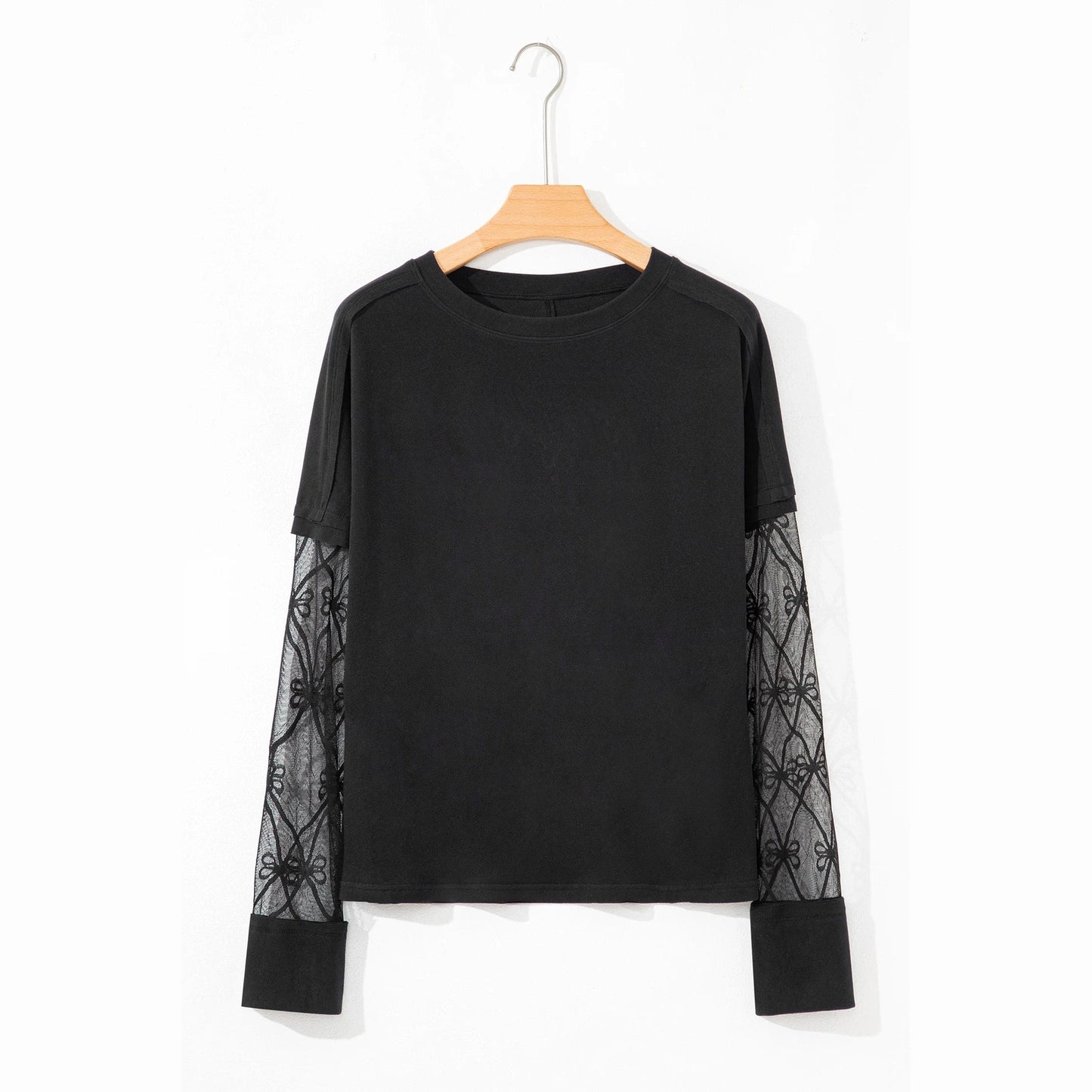 Alyse Black Bow Textured Patchwork Long Sleeve Tee