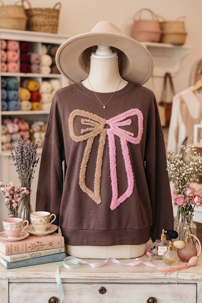 Kitty Terry Bow Pattern Drop Shoulder Sweatshirt