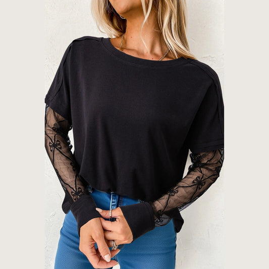 Alyse Black Bow Textured Patchwork Long Sleeve Tee