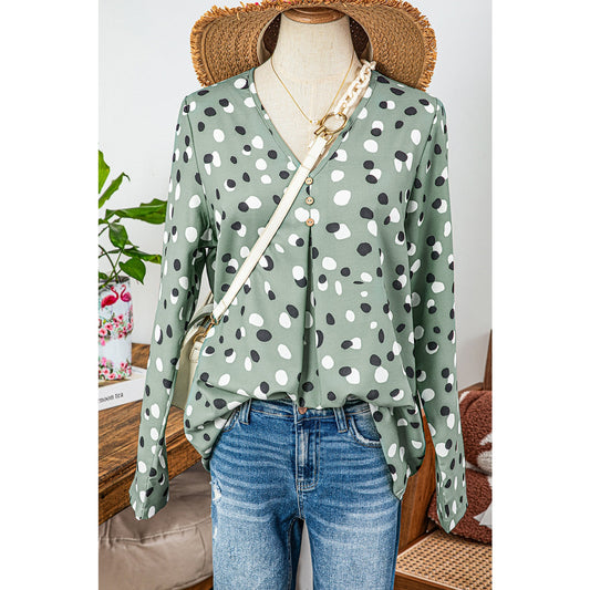Adelynne Green Polka Dot Print Button Front V Neck Blouse