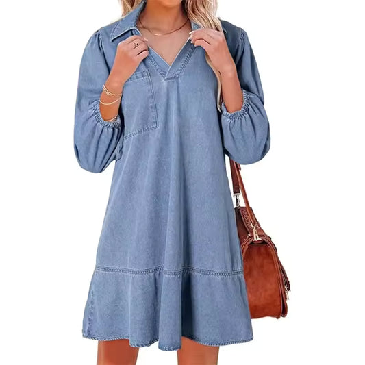 Abbey Light Blue V Neck Denim Dress