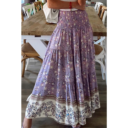 Abbey Purple Floral Print Shirred High Waist Maxi Skirt