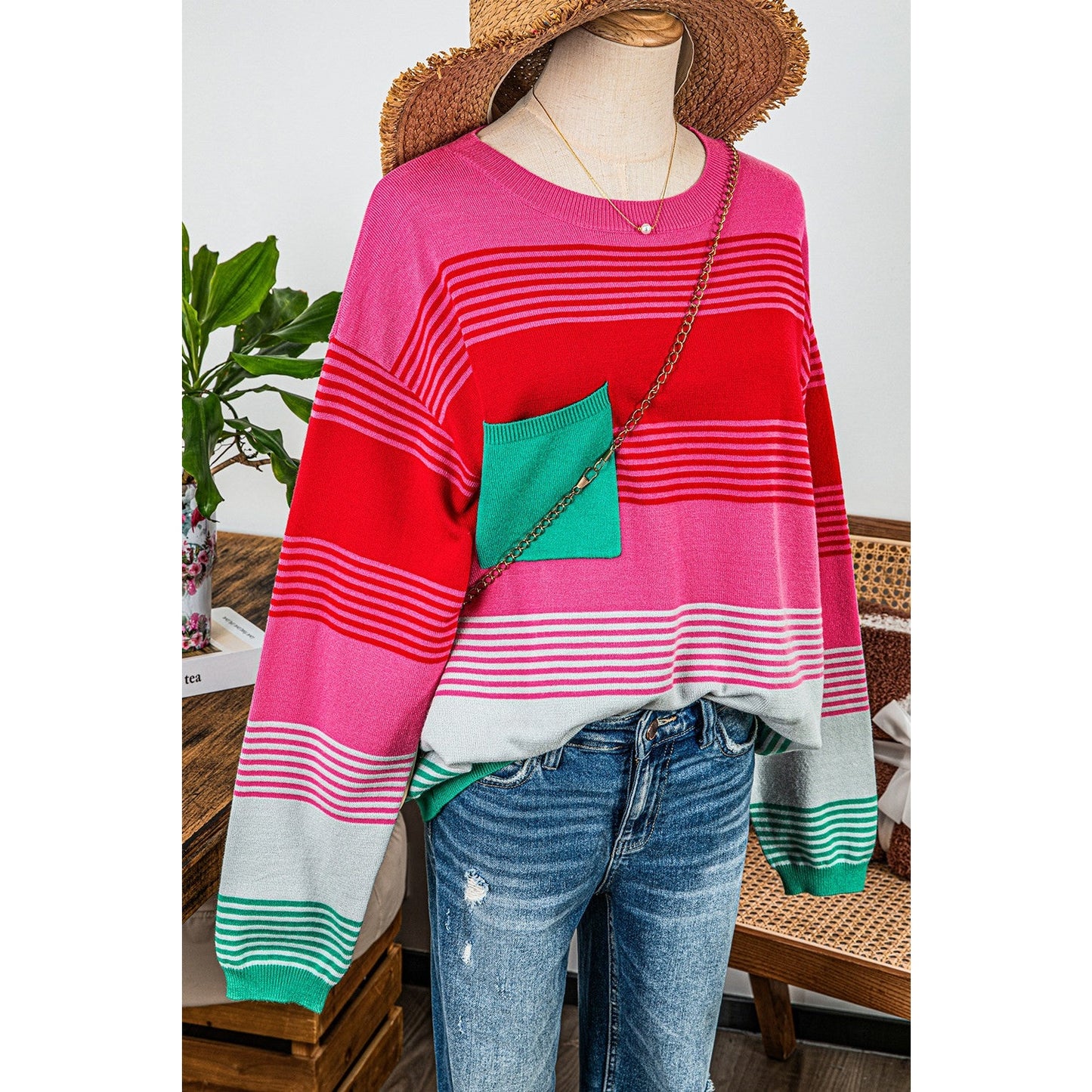 Abbie Striped Knit Patch Pocket Drop Shoulder Sweater