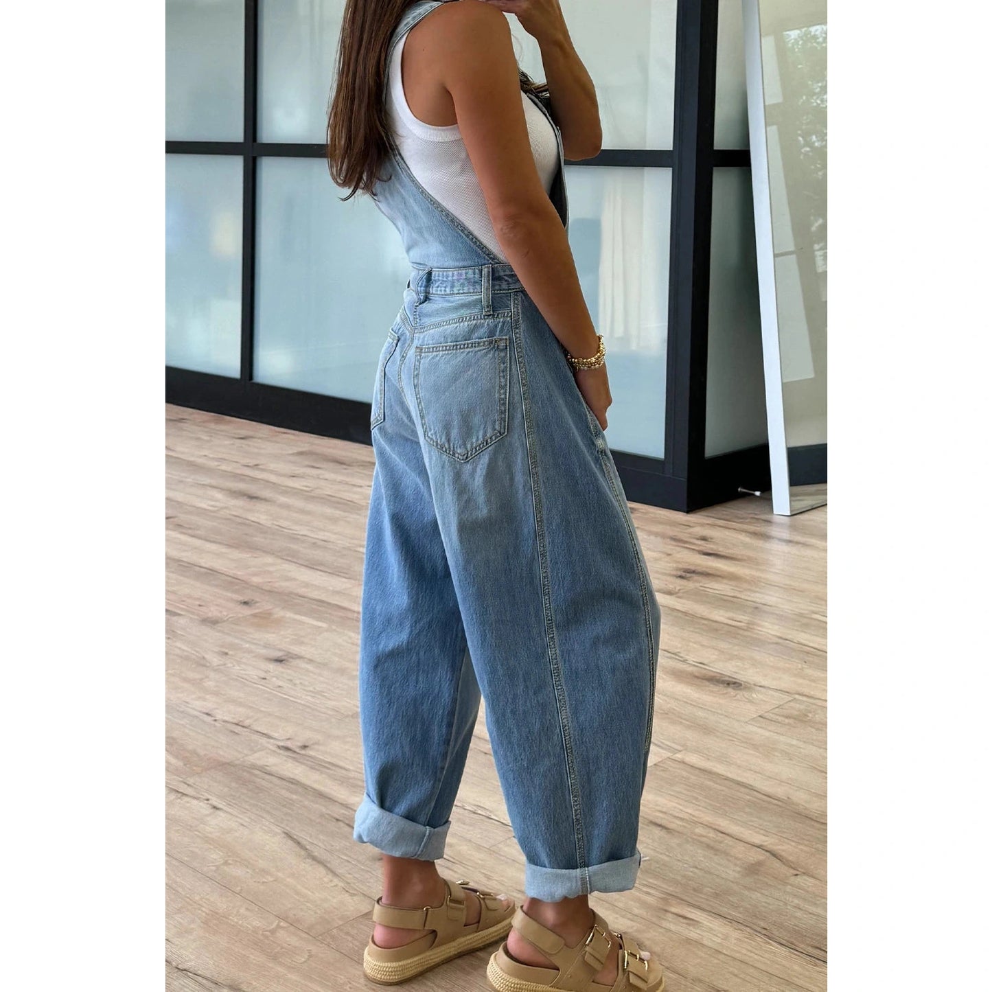 Abbie Dusk Blue Adjustable Buckle Barrel Denim Overalls