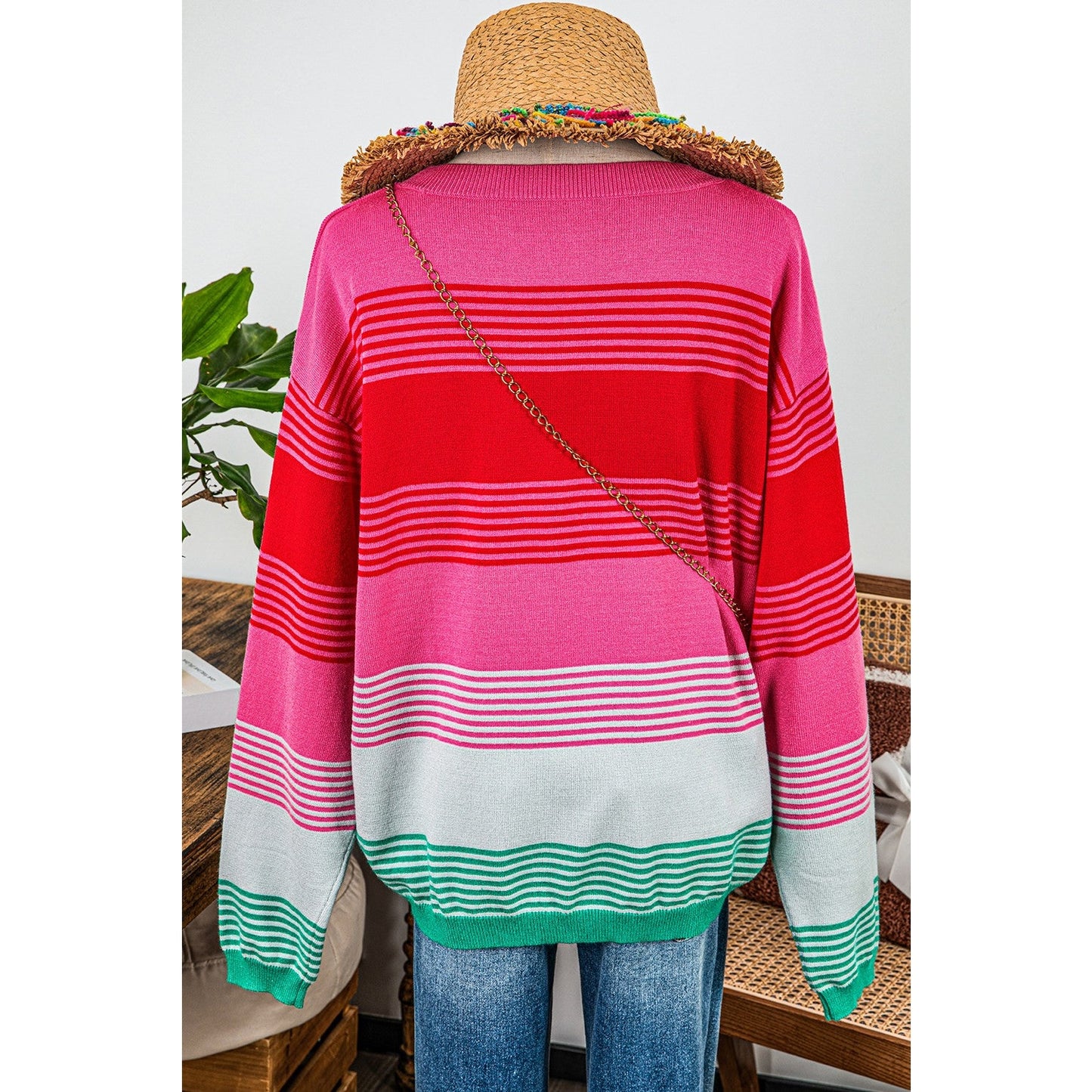 Abbie Striped Knit Patch Pocket Drop Shoulder Sweater