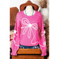 RTS Abigail Bright Pink Corded Flower Bow Ribbed Trim Casual Sweater
