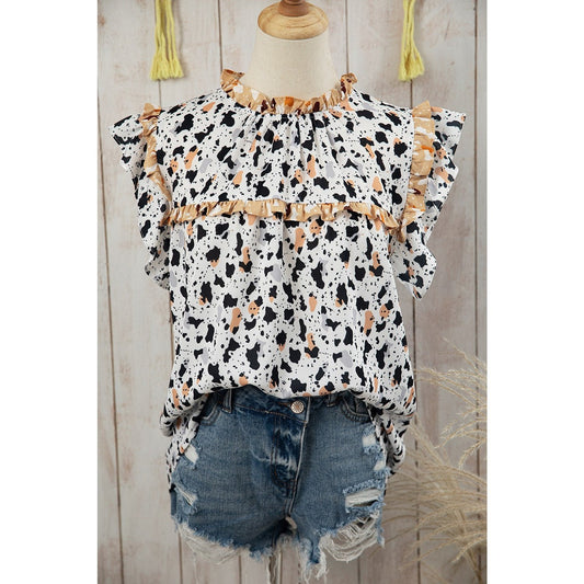 Ada White Frilly Trim Leopard Animal Spots Blouse